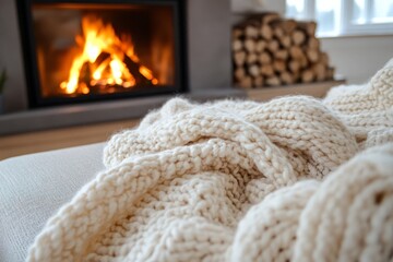 Close-up of a loveseat sofa draped with a knitted blanket by a fireplace, creating a warm and inviting winter atmosphere. Nordic home interior design for a modern living room, Generative AI