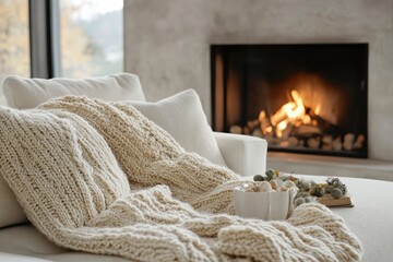 Close-up of a loveseat sofa draped with a knitted blanket by a fireplace, creating a warm and inviting winter atmosphere. Nordic home interior design for a modern living room, Generative AI