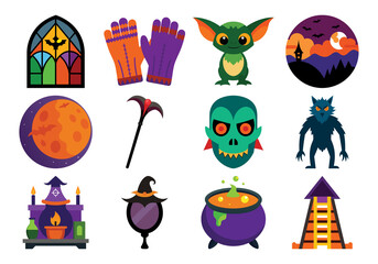 Funny black and color Halloween cats with pumpkins bats and spooky night elements