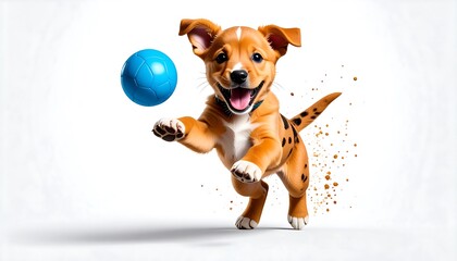 Energetic puppy leaping towards a vibrant blue ball on a clean white backdrop