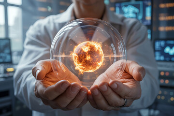 Scientist in laboratory holding glass sphere with glowing, fiery planet inside, symbolizing advanced technology and space exploration, with digital screens in background