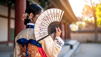 Elegant woman in Hanbok dress holding traditional fan in a Korean palace courtyard