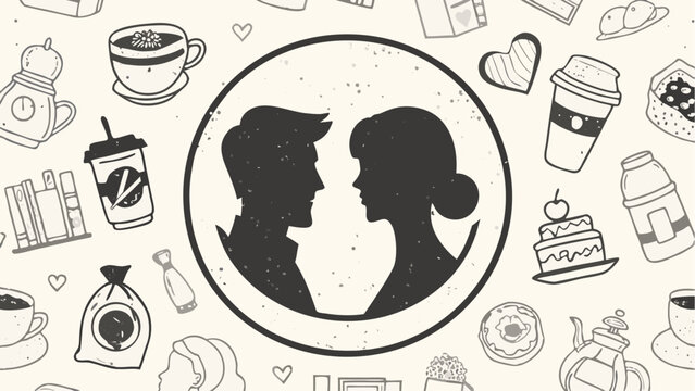 Silhouette of a couple in a circle surrounded by coffee cups desserts and other cafe related items