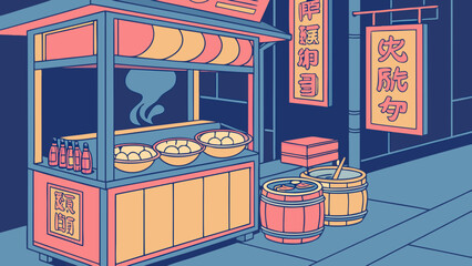 Vibrant asian street food stall with traditional signage © Yeasin