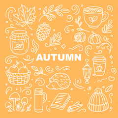 Autumn doodle illustration with fall leaves, hot drinks, pumpkins, hedgehog, apples, and cozy seasonal elements on orange background