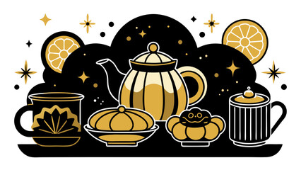 Whimsical golden tea set with citrus and stars