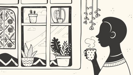 Person silhouette enjoying hot beverage by window with plants and decorative glass in monochrome style