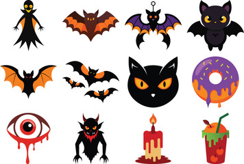 Funny black and color Halloween cats with pumpkins bats and spooky night elements
