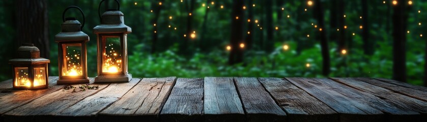 Glowing Lanterns on Wooden Table, Forest Lights Backdrop, Fairytale , Magic