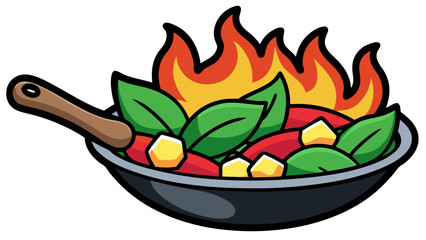 Hot stir fry vegetables in a frying pan with flames