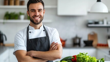 Confident Professional Chef in Modern Kitchen with Smiling Expression - Healthy Cooking Scene