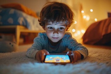 Little boy watching a cartoon movie on a smartphone with his father,  on the floor in a children's room, while the dad explains digital technology, encouraging digital literacy, Generative AI