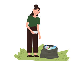 Volunteer collecting trash in park, environmental cleaning campaign