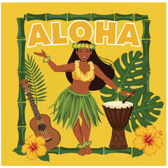 aloha, hula dancer, ukulele, drum, tropical flowers, Hawaiian dancer, vector poster, island culture, Hawaiian music, tropical theme, floral design, Polynesian dance, beach vibes, colorful vector, isla