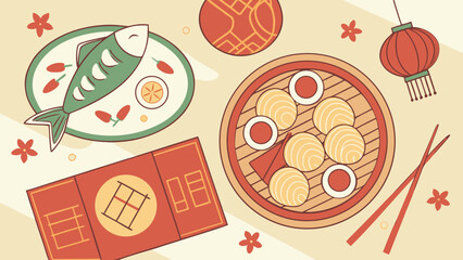 Festive asian food spread with lanterns and red envelopes