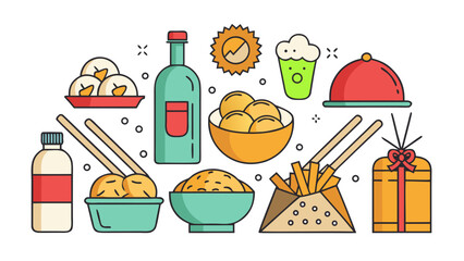 Colorful flat design food and drink icons with a gift box