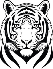 Tiger head vector illustration, black and white design, fierce expression, wild animal artwork, tattoo style, majestic, bold, wildlife graphic
