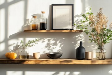 Shelf with modern decor and a mock-up poster placed on the wall, designed to show off a contemporary, clean interior, Generative AI