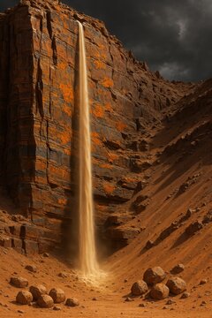 Massive desert cliff with continuous sandfall dropping into rocky basin under storm clouds

