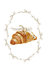 Croissant watercolor in a frame of bows illustration. Hand drawn fresh french bun with a bow. Food clip art. Ideal for bakery prints, postcards and pastry shop posters.