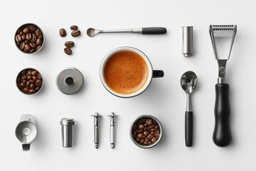 Cup of espresso accompanied by a coffee bean and barista tools, arranged neatly on a white table, highlighting the craft of coffee making, Generative AI