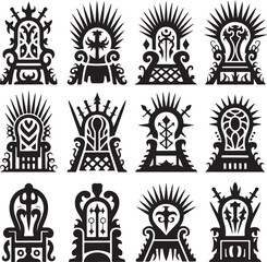 Fantasy, throne, icon, set, medieval, king, silhouette, vector, black, isolated, illustration, design, royal, chair, game, power