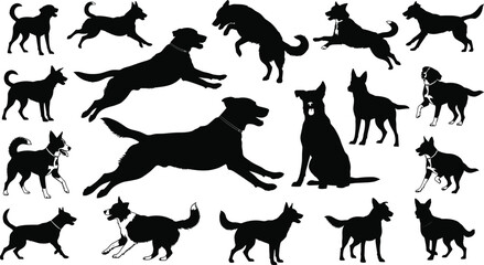 Various dog breed silhouettes vector, black pet poses collection, animal illustration, graphic design resource, playful dogs, domestic pets, artwork