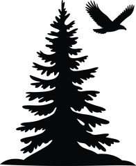 Obraz premium Majestic evergreen tree silhouette with a soaring eagle against a white background