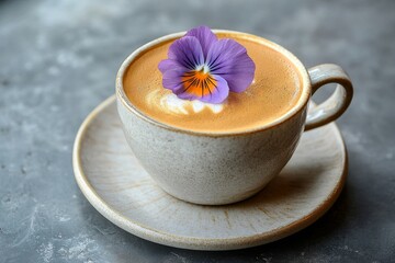 Cup of espresso with a delicate pansy flower placed on top, showcasing an artistic presentation in a modern coffee setting, Generative AI