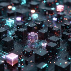 Abstract digital cityscape of glowing cubes