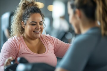 Overweight woman exercising on a gym mat in the gym, with a personal trainer assisting her, promoting fitness and health at any stage of life, Generative AI