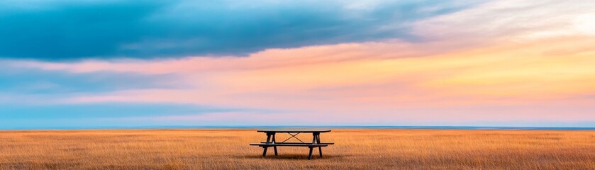 Lonely Picnic Table at Sunset over Wheat Field, tranquility , landscape