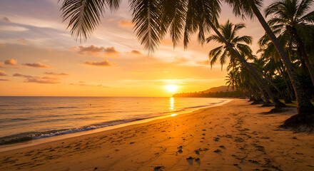 Golden Sunset Over Tropical Beach with Palm Trees Silhouetted (1)