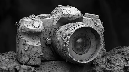 Mud covered DSLR camera in gritty black and white tones emphasizing rugged durability resilience and the enduring power of outdoor photography through time worn textures and detail