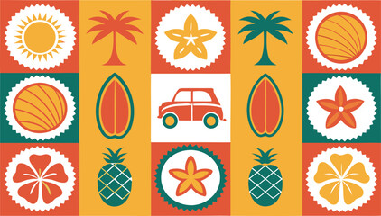 Retro summer vacation icons including sun palm trees surfboard car pineapple and flowers on colorful geometric background