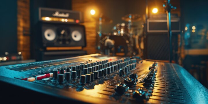 The professional audio mixing console in a vibrant music studio setting. - Powered by Adobe