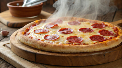 Freshly baked pizza with melted cheese and pepperoni on a wooden tray.