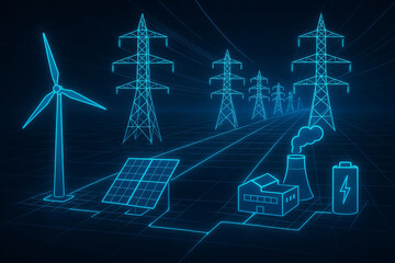Digital illustration of renewable energy sources and power transmission infrastructure, highlighting sustainable energy and smart grid technology with futuristic glow