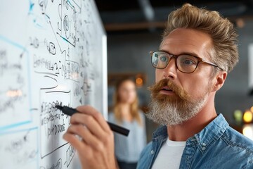 Concentrated businessman brainstorming and writing innovative ideas on whiteboard in modern office