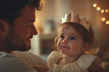 Side view of a small girl wearing a princess crown with her young father at home, playing together and enjoying childhood memories, Generative AI