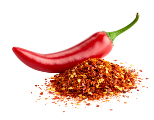 Red chili pepper and dried chili flakes, isolated on black background