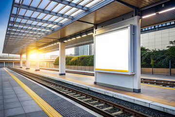 Modern train station platform with empty billboard signage and sunlight streaming through the roof