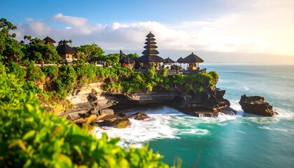 Coastal temple complex, vibrant sunrise