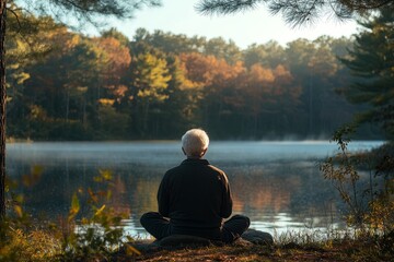 Senior man sitting by a lake in nature, practicing yoga, showcasing the importance of mindfulness and physical activity in later years, Generative AI