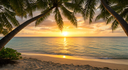 Golden Sunset Paradise Beach Scene with Palm Trees