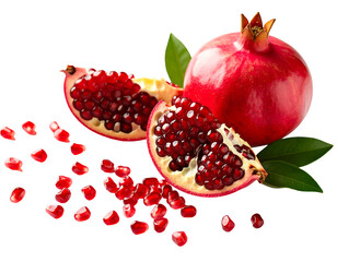 Red pomegranate fruit and seeds scattered on black background, isolated with transparent background, studio shot