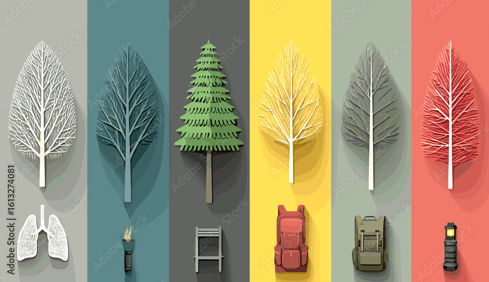 Poster a series of trees with a backpack and a tent in the middle. the trees are in different colors and si