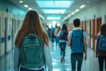 Unrecognizable high school students interacting in a school corridor, capturing the dynamic and social nature of student life, Generative AI