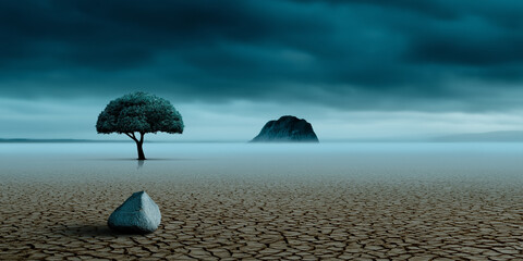 A surreal, desolate landscape with a lone green tree and a rock on cracked earth, under a dark, cloudy sky, with a mysterious misty horizon and distant mountain. Ideal for themes of isolation, environ