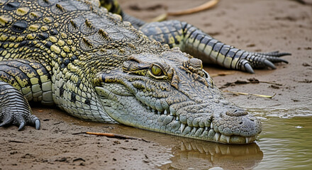 Obraz premium Detailed close-up of a powerful crocodile resting near water, showcasing its textures and features